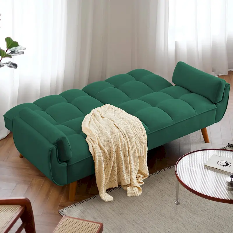 Convertible Futon Sofa Bed, Tufted Linen, Wood Legs, 3-Position Backrest, 500 lbs, Seats 2, Beige/Grey/Green/Yellow