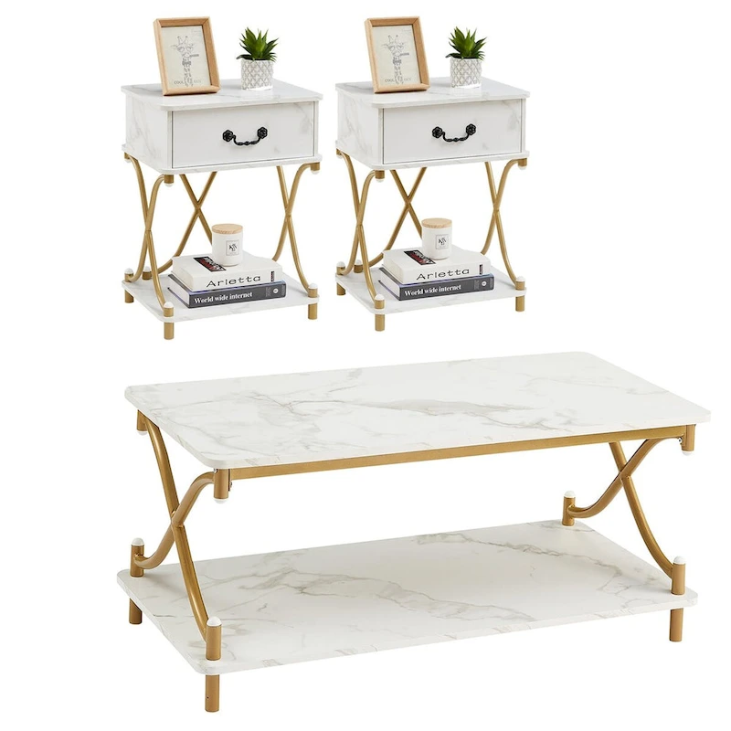 Modern 3-piece Coffee Table, Sofa Table & 1-drawer Nightstand Set of 2(Brown/Black/White)