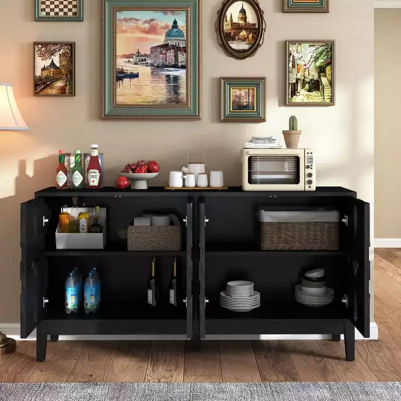 60.5 Black Geometric Sideboard Buffet Cabinet, Modern Fretwork 4-Door TV Media Console with Adjustable Shelves for Living Room