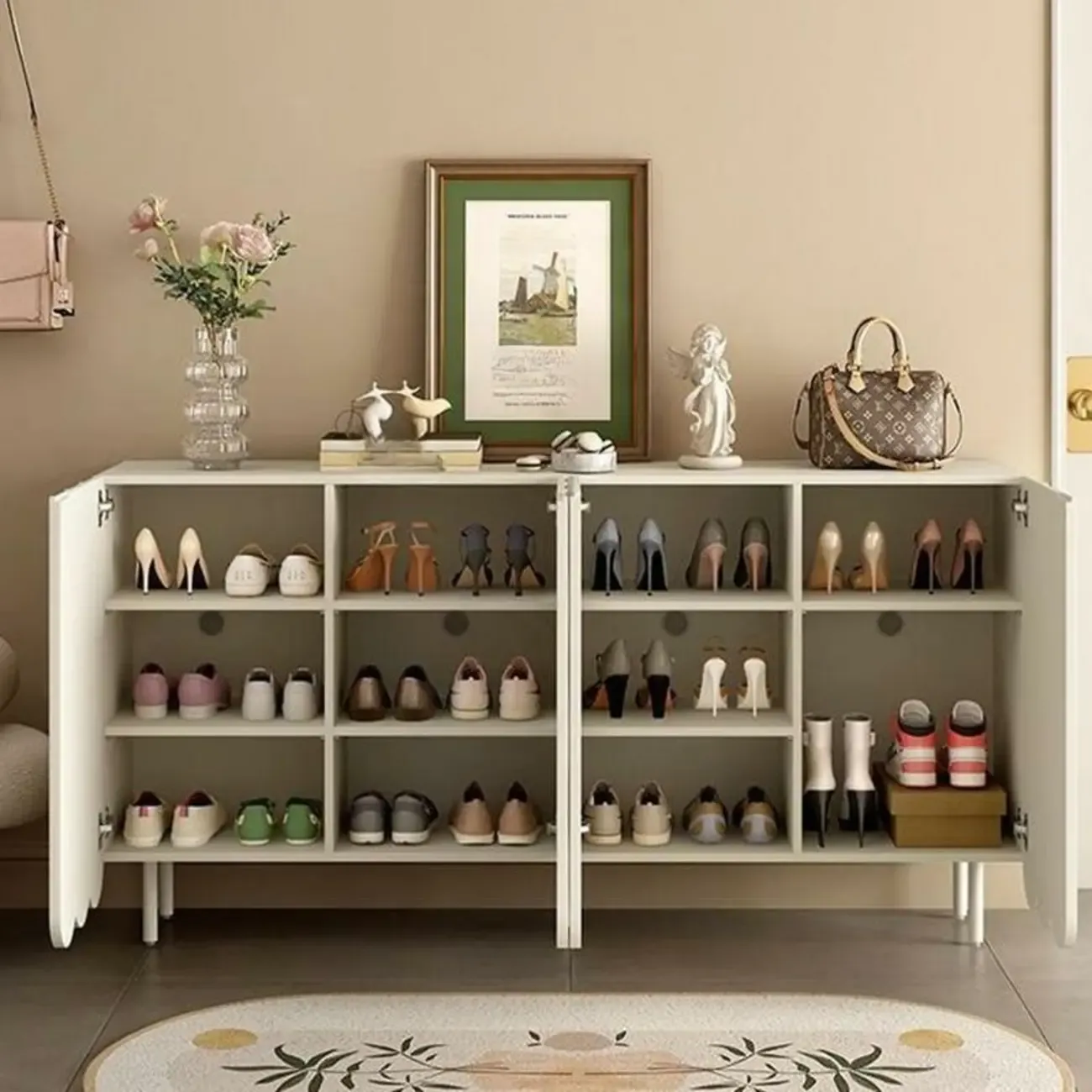 Entryway White Wooden Fluted Front Shoe Cabinet