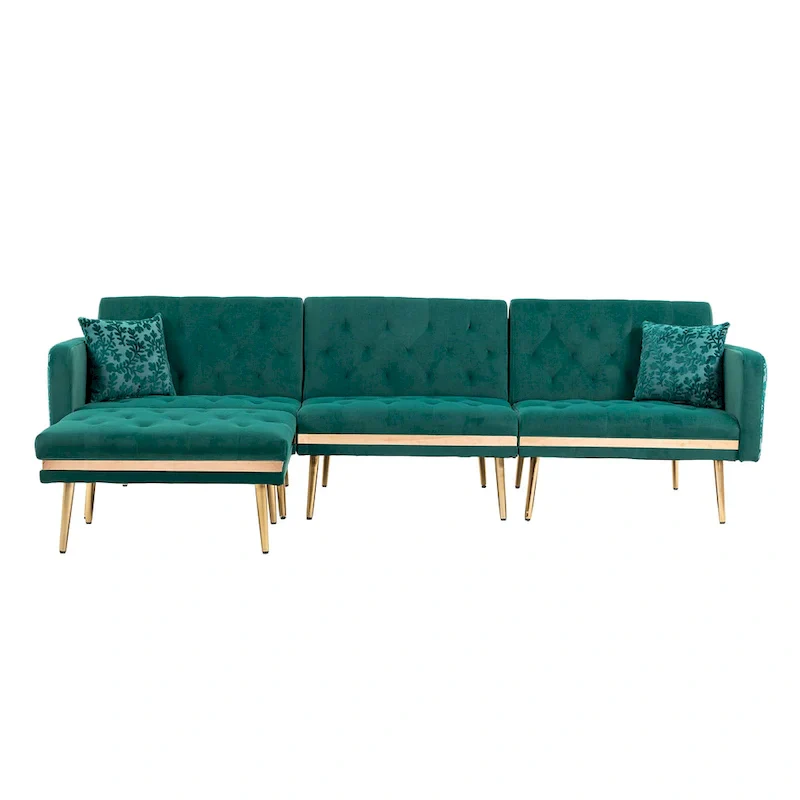 Polyester Upholstered Tufted Sleeper L-Shaped Sectional Sofa With Ottoman