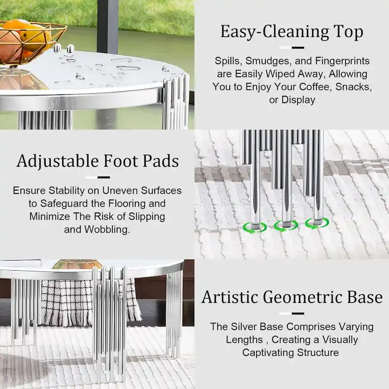 Modern 36 Round Coffee Table with Tempered Glass Top and Polished Chime-Shaped Legs