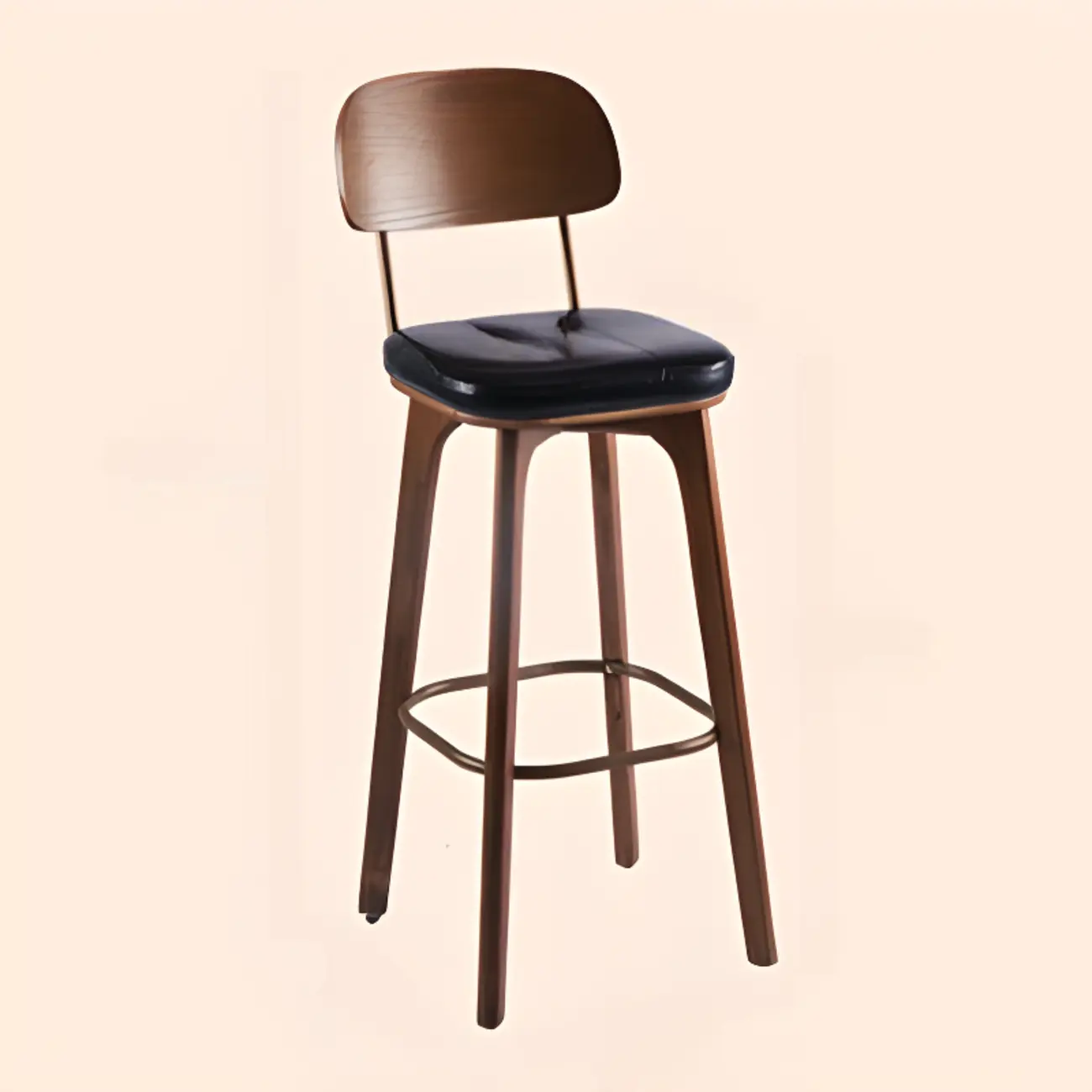 Mid-Century Modern Leather Square Bar Height Stools with Backs