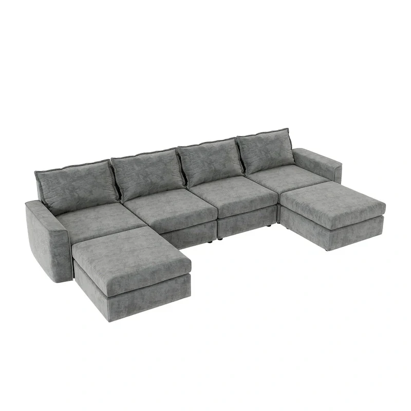 Grey 115 Convertible U-Shaped 6-Seat Modular Sectional Sofa with Ottoman, Customizable Fabric, and Tilting Armrests