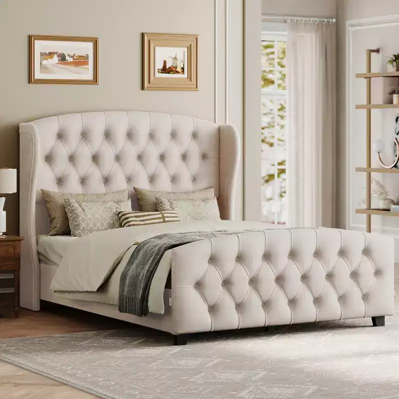 VASAGLE Queen Bed Frame with Tall Headboard, Upholstered Platform Bed Frame Queen Size, with Wingback Tufted Headboard Cappuccino Beige