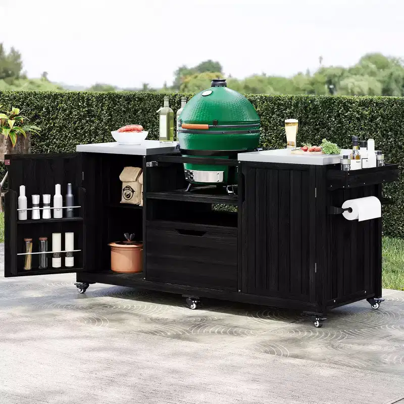 66.5 inch Black Outdoor Kitchen Island for Big Green Egg Grills, Solid Wood Outdoor Grill Cart for Tabletop Grill with Stainless Steel Top
