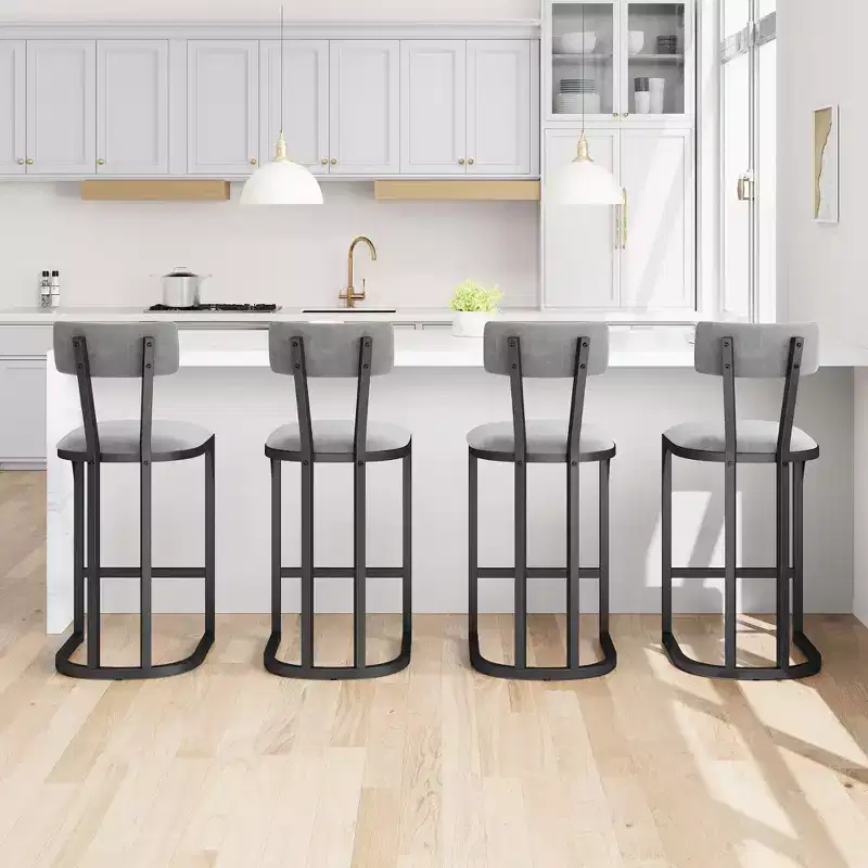 Bar Stools Set of 4, High Back Counter Height Bar Stools with White Velvet Upholstery & Gold Metal Legs, Soft Padded Kitchen Island Stools, Bar Chairs