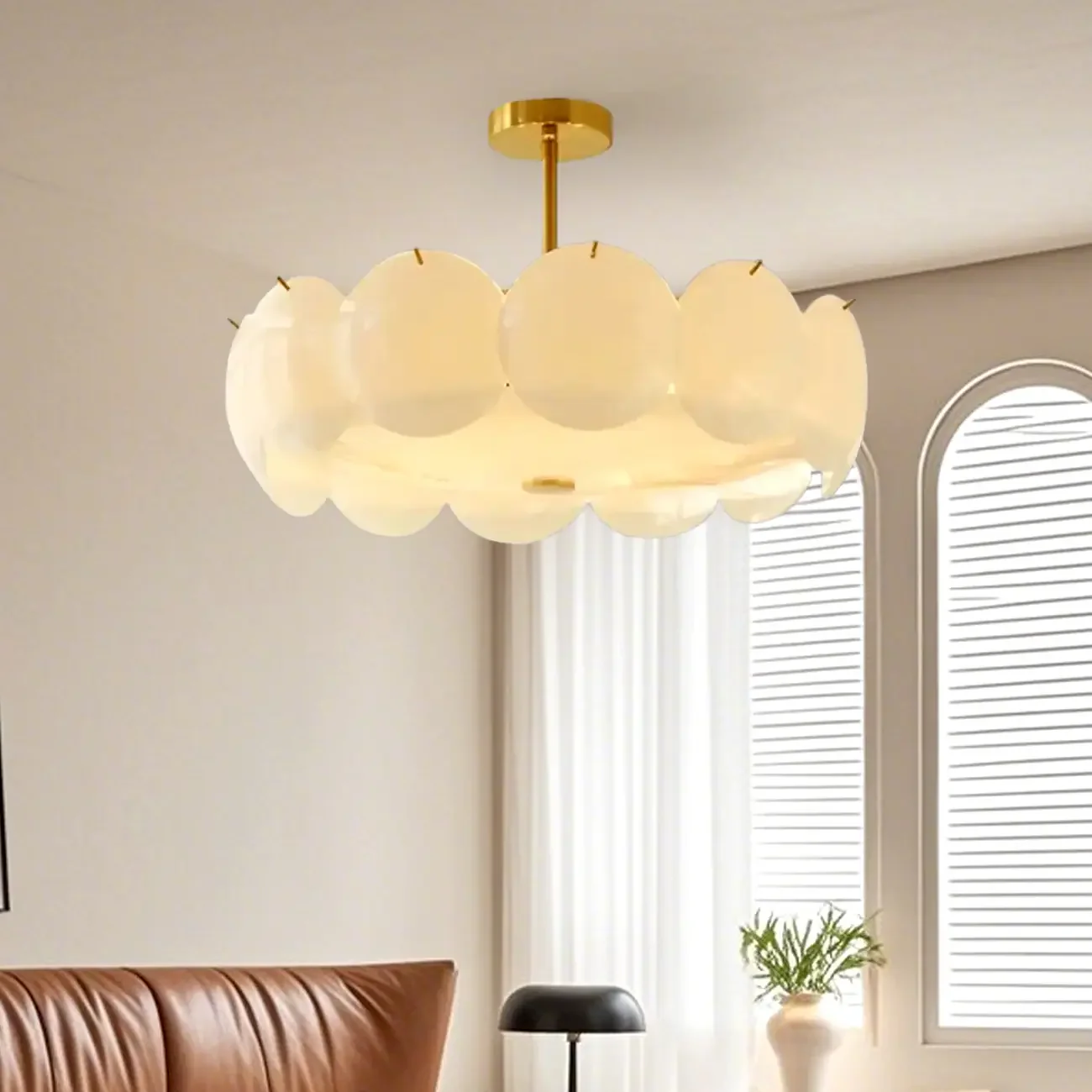 White Circle Glass Gold Semi Flush Mount Ceiling Light