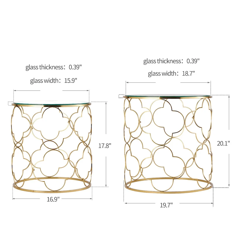 Coffee Table Set of 2 with Glass Top and Metal Wire, Round Side End Table
