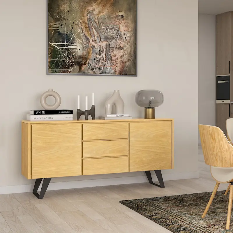 WYNDENHALL Mitchell Metal 60 inch Wide Rectangle Modern Industrial Sideboard Buffet in OAK WOOD - 60 x 17 x 30