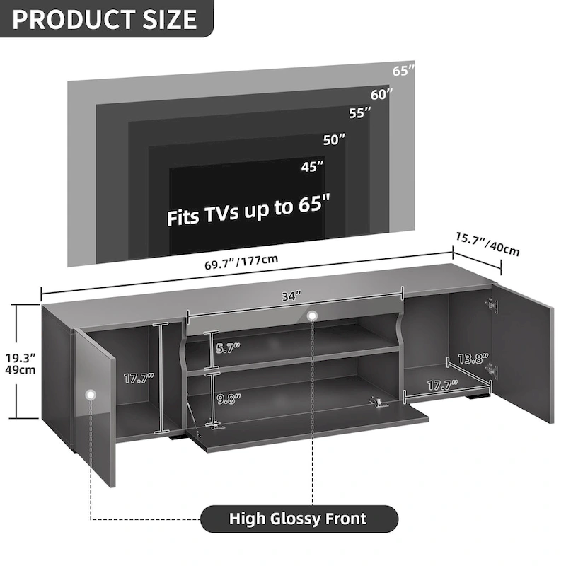 Moasis 70-inch High Glossy Wood TV Stand LED Entertainment Center Media Console