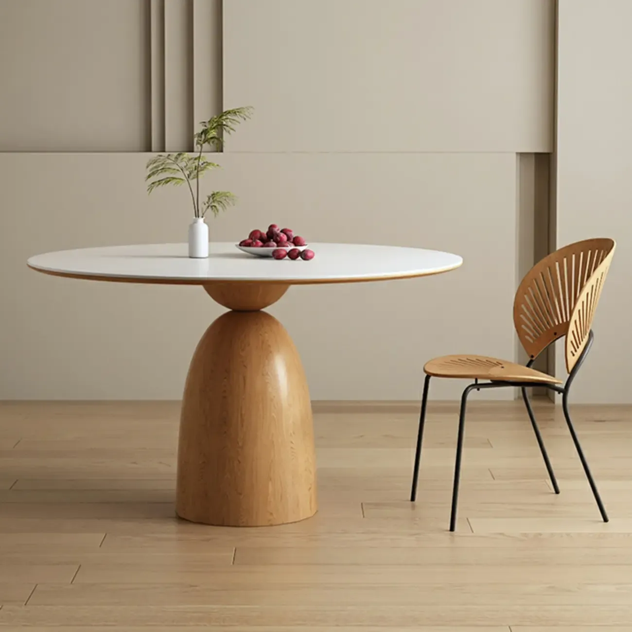 Modern White Stone Natural Wood Round Dining Table