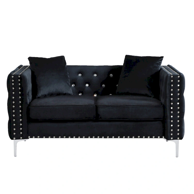 Square Arm Velvet Loveseat with Jeweled buttons and 2 Pillows