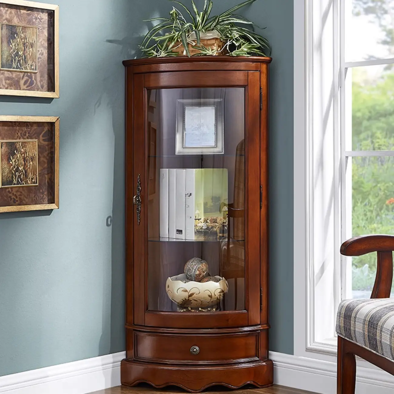 Triangle Small Corner Wooden Glass Door Wine Cabinet with Drawer