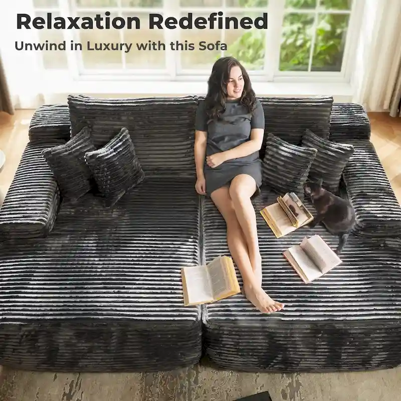 OVIOS Long Plush No Assembly Required Double Chaise Sofa