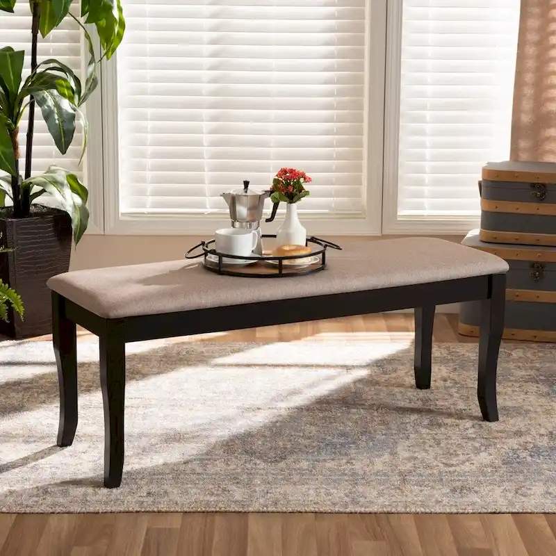 Modern and Contemporary Transitional Fabric Upholstered and Dark Brown Finished Wood Dining Bench