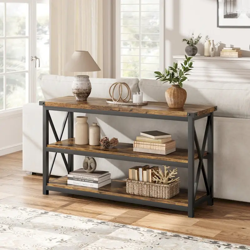 Narrow Long Console Table with Storage, 3 Tier Wood Sofa Table