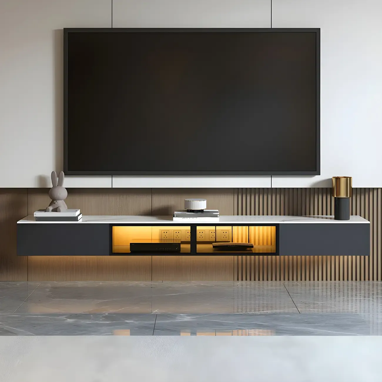 Glam Wooden Floating TV Stand with Marble Top for Living Room