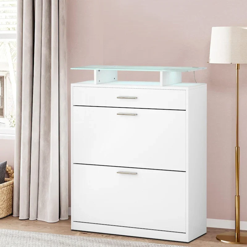 Wooden Shoe Storage Cabinet with Glass Top and LED Light Clamps