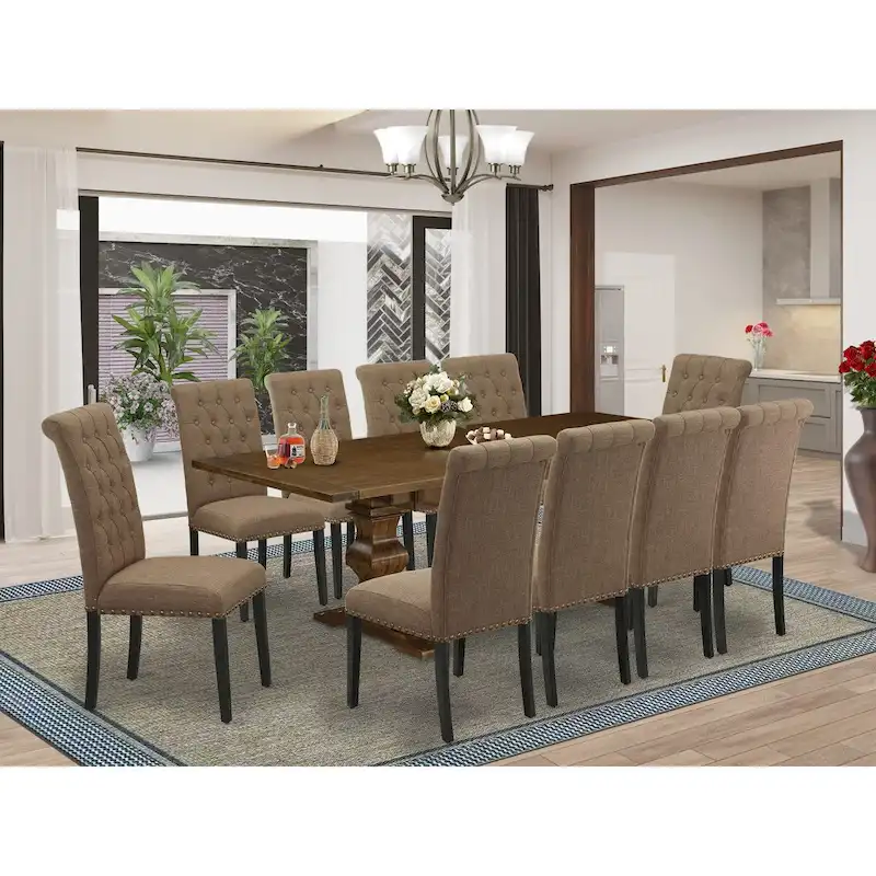 East West Furniture 11 Piece Dining Set- a Dining Table and 10 Light Sable Linen Fabric Chairs(Finish Options)