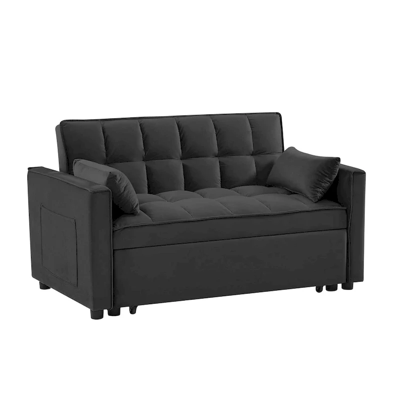 Black 55.2 Velvet Pull-Out Sofa Bed with Toss Pillows and Pockets