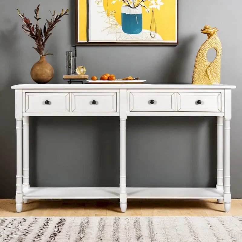 Pine Wood and MDF Styled Console Sofa Easy Assembly with Two Storage Drawers and Bottom Shelf for Living Room, Entryway