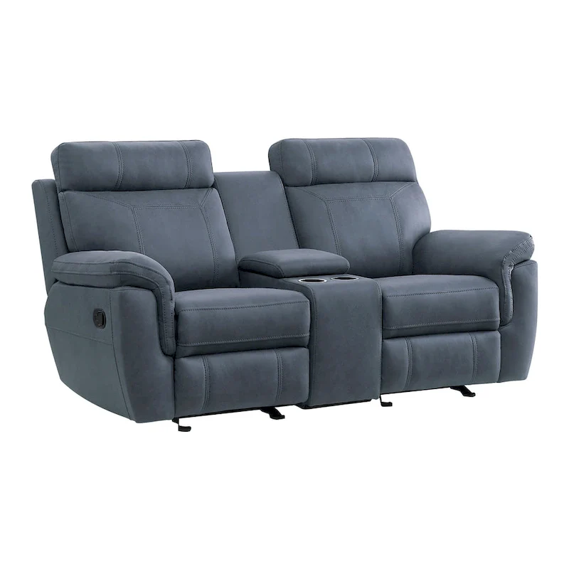 76-Inch Manual Glider Reclining Loveseat in Blue Microfiber with Solid Wood Frame