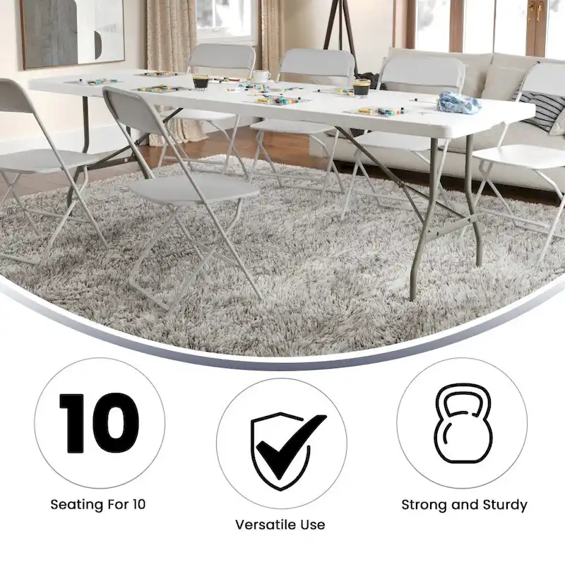 Granite White Bi-Fold Plastic Folding Event Table with Carrying Handle – Seats up to 10