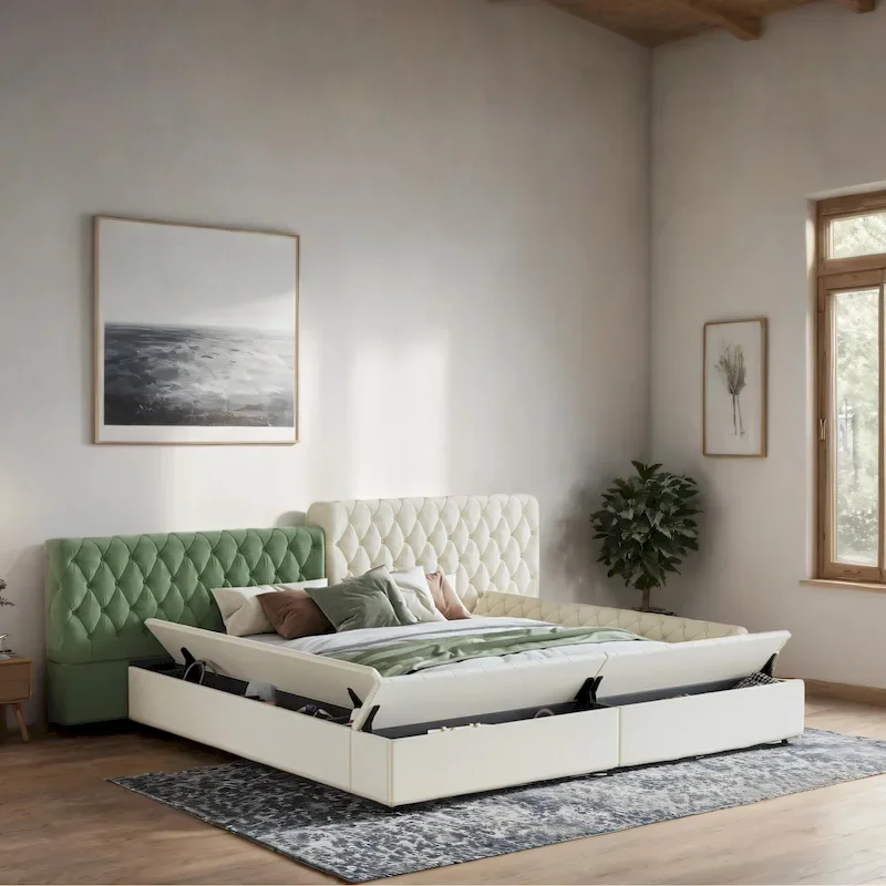King Size Upholstered Bed with Storage Compartments and Footboard