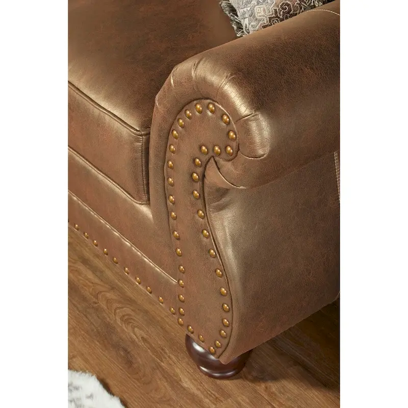 Roundhill Furniture Leinster Fabric Sofa with Antique Bronze Nailheads in Jetson Ginger