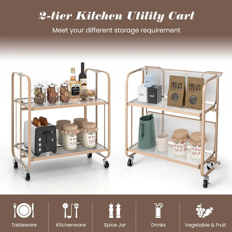 2-Tier Mobile Serving Cart with Tempered Glass Shelf-Golden - 26 x 16 x 28.5