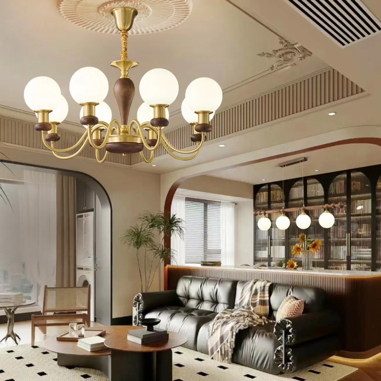 Mid-Century Brass Wood Chandelier with Globe Glass Shade