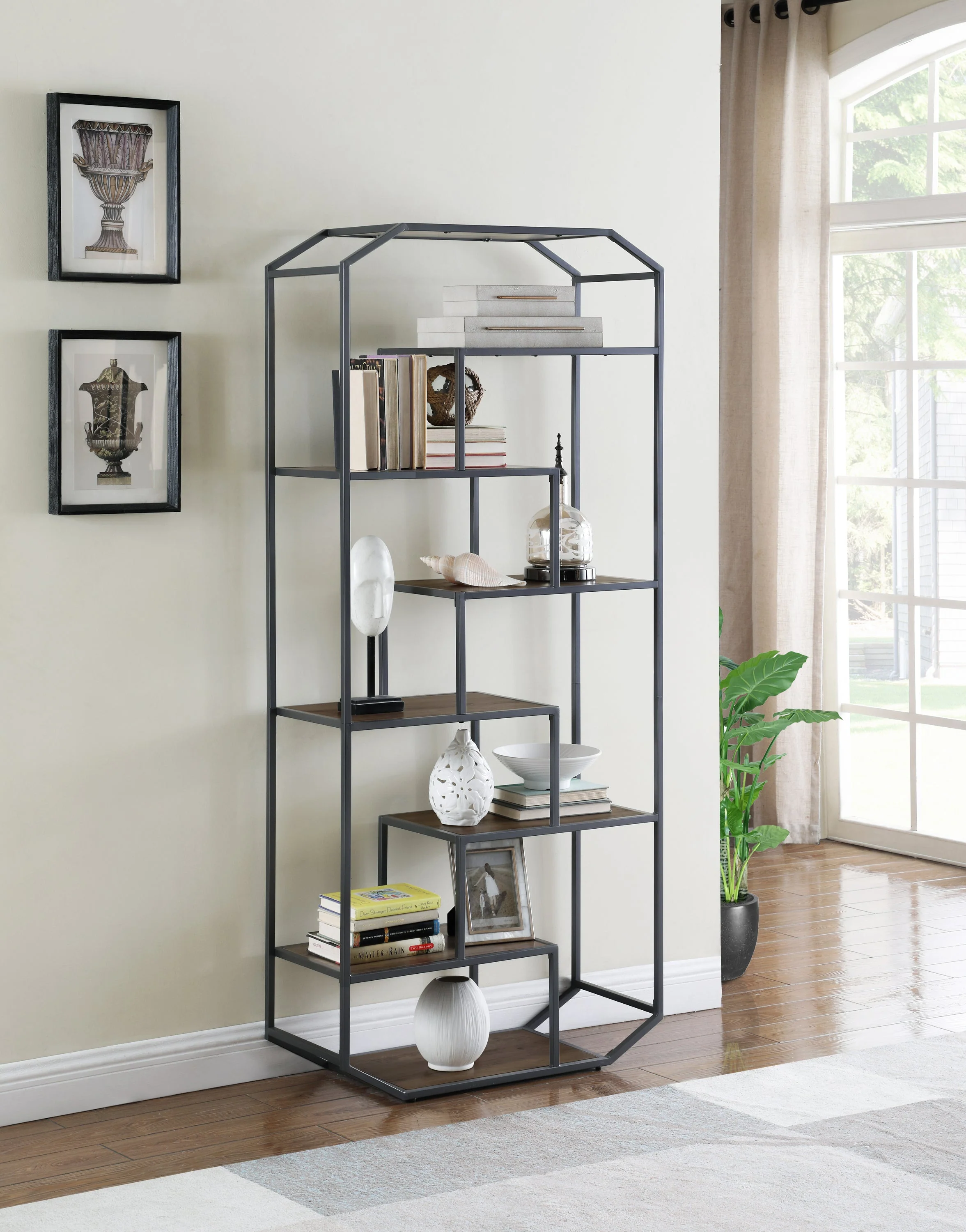 Industrial Brown Bookcase with Steel Frame