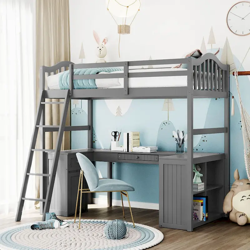Twin Wooden Loft Bed with Desk and Shelves