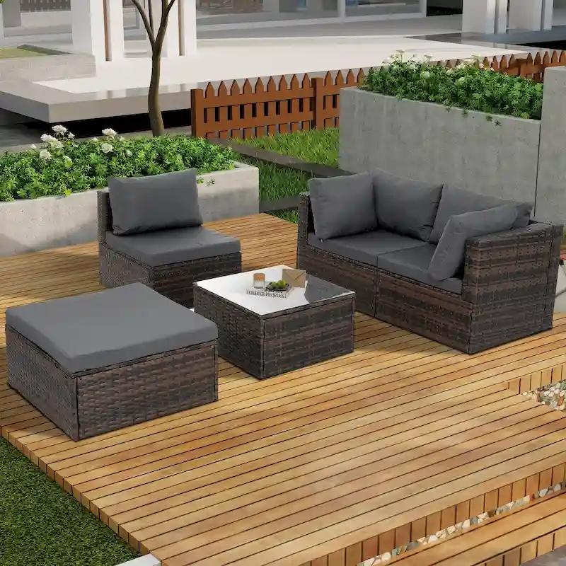 5-Piece PE Rattan Wicker Patio Conversation Set with Cushions