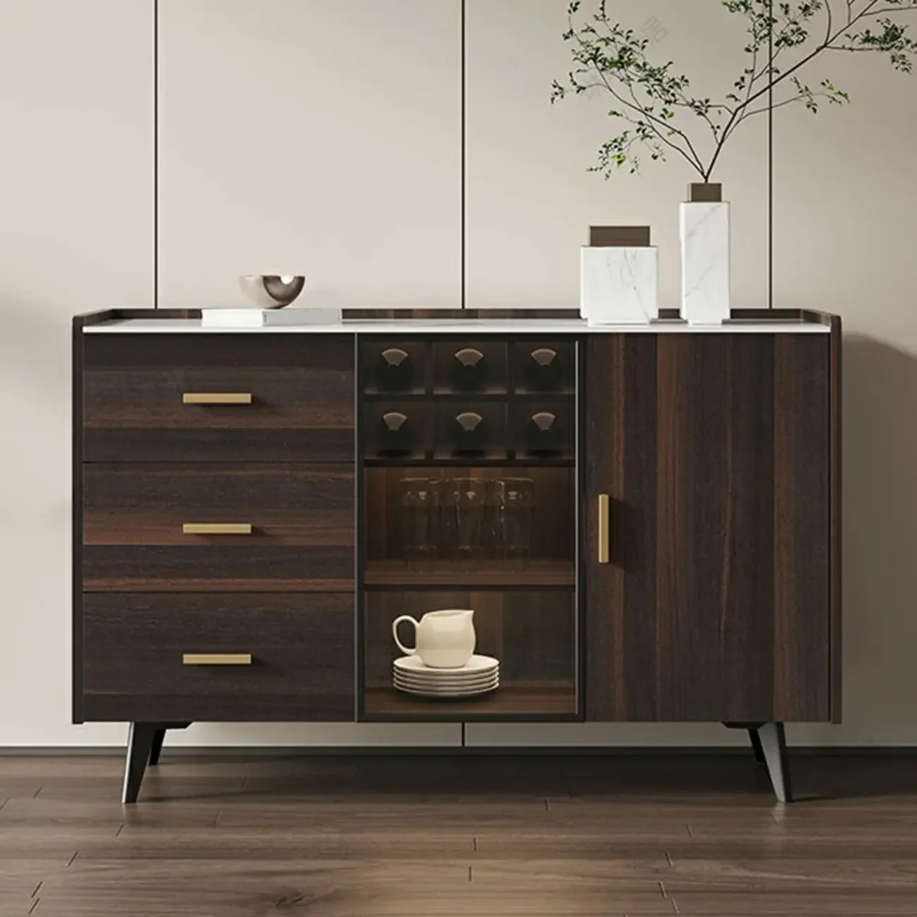 Modern Wooden Sideboard with Cabinets & Wine Rack