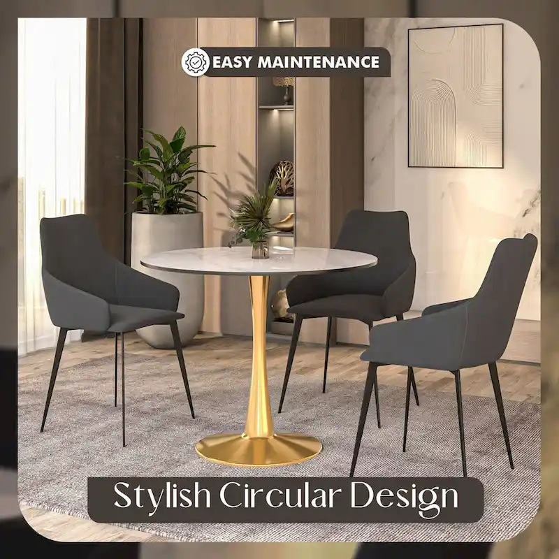 LeisureMod Round Dining Table 40 Sintered Stone Tabletop in Gold Steel Bistro Series