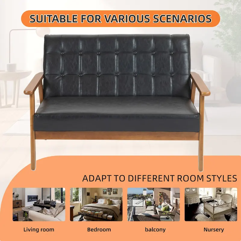 Mid-Century Linen/PU Upholstered Wood Frame Tufted Loveseat Sofa