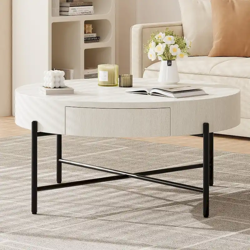 Round Coffee Table with with Two Drawers - Natural