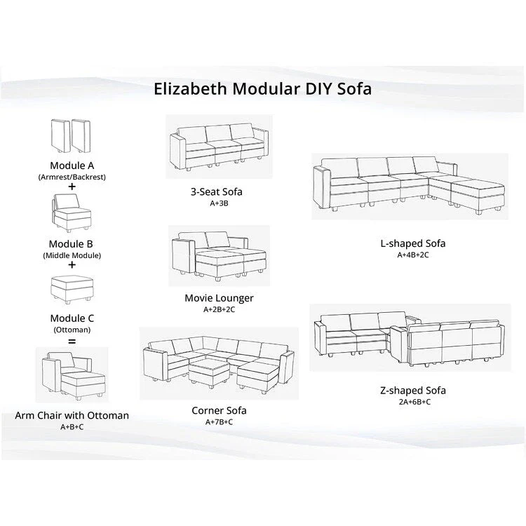 Modern DIY Convertible Modular Sectional Ultimate Sofa Collection - Optional Ottoman Middle and Armrest Modules