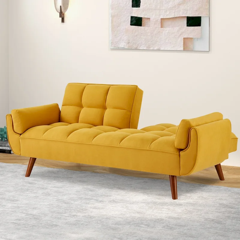 Convertible Futon Sofa Bed, Tufted Linen, Wood Legs, 3-Position Backrest, 500 lbs, Seats 2, Beige/Grey/Green/Yellow