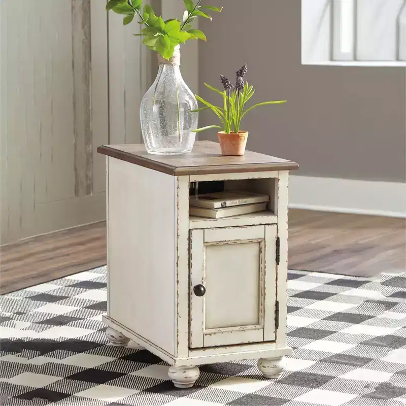 Realyn Chairside End Table White/Brown - Signature Design by Ashley: Cottage Style, Power Outlets, USB Ports