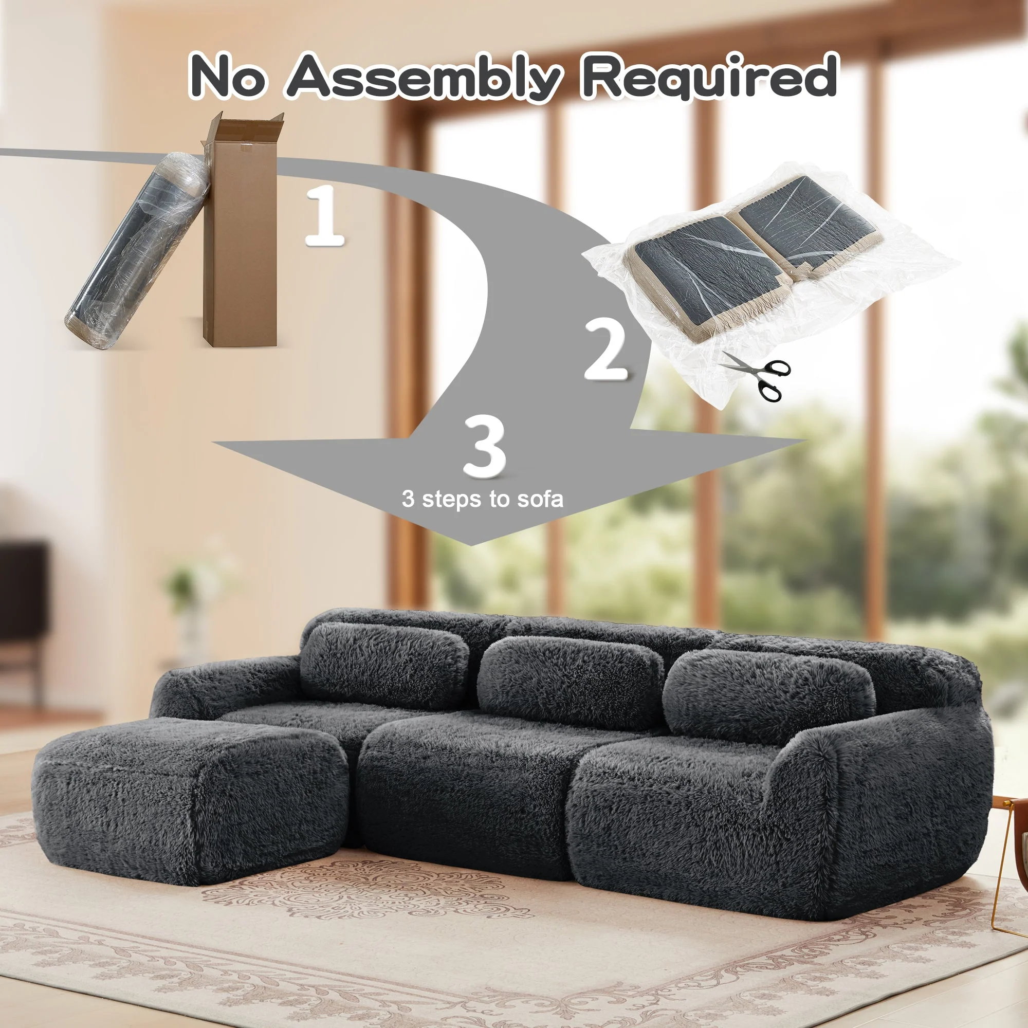 Soft And Fluffy Plush Boneless Modular Sofa with Ottoman