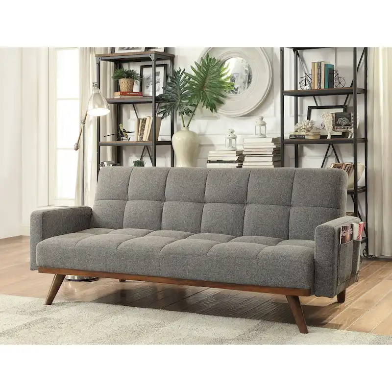 Vaughn Mid-Century Modern Grey Linen Padded Biscuit-tufted Futon