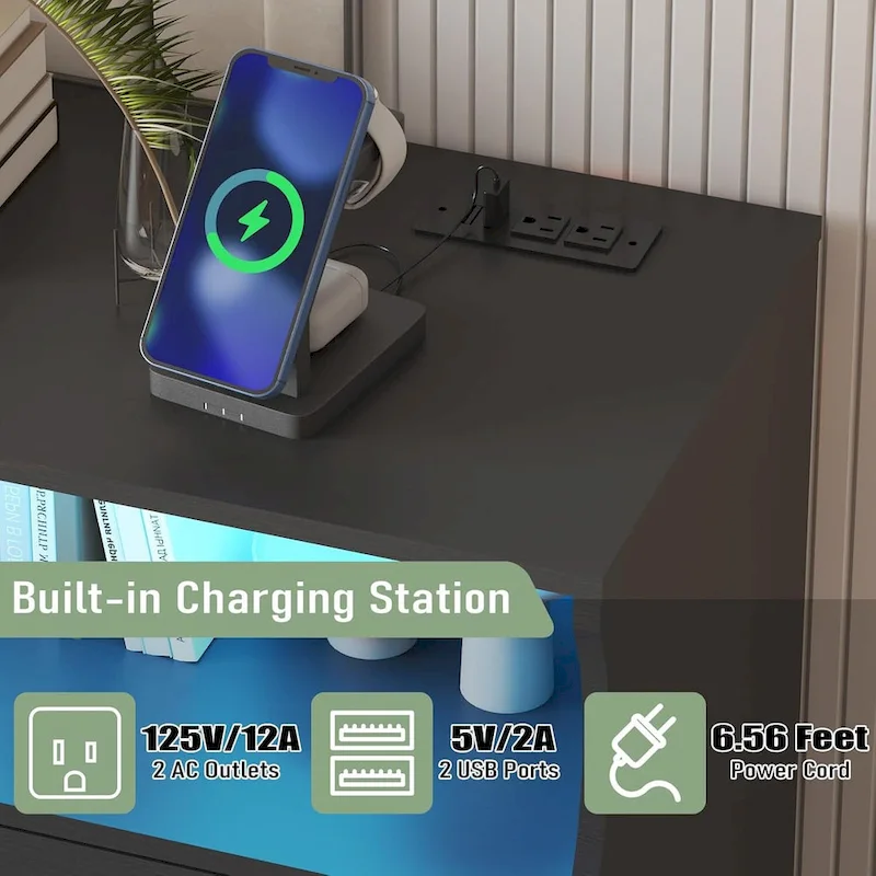 Modern Wood Dresser with 8 Drawers, Bedroom Dresser with Charging Station & LED Lights