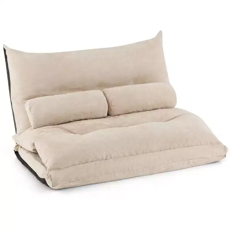 Convertible Lazy Sofa Bed with 42-Level Adjustable Backrest & 2 Lumbar Pillows Gray/Beige