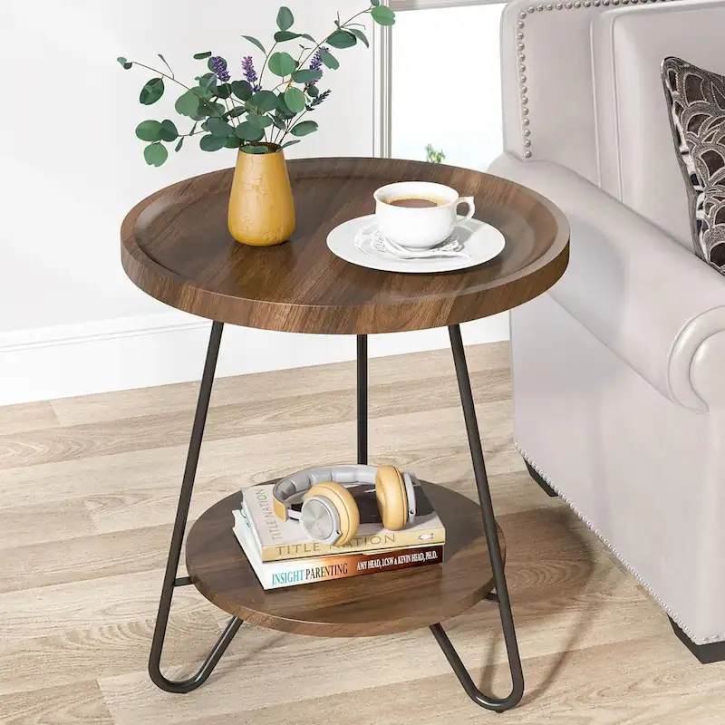 2-Tier Round Side Table, Wooden End Table with Metal Legs