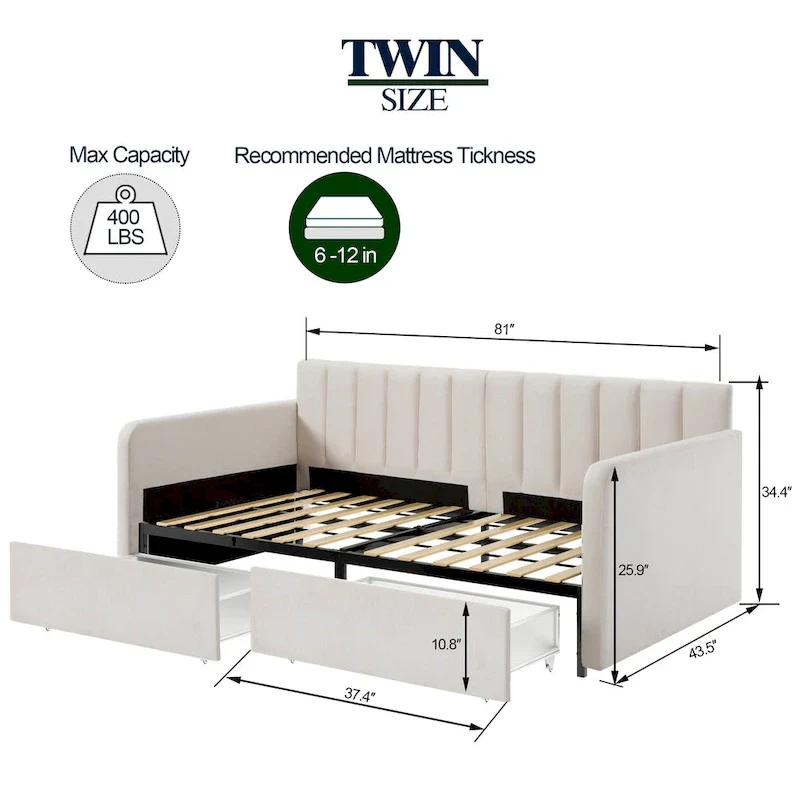 Epiphyllum Modern Velvet Twin Daybed with 2 Drawers and Ribbed Tufted Backrest by Christopher Knight Home