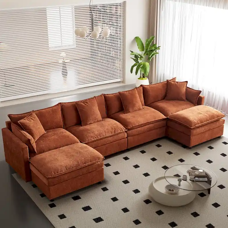 Spacious 142.52 U-Shaped Chenille Sectional Sofa with Double Cushions, Convertible Chaise and Ottomans