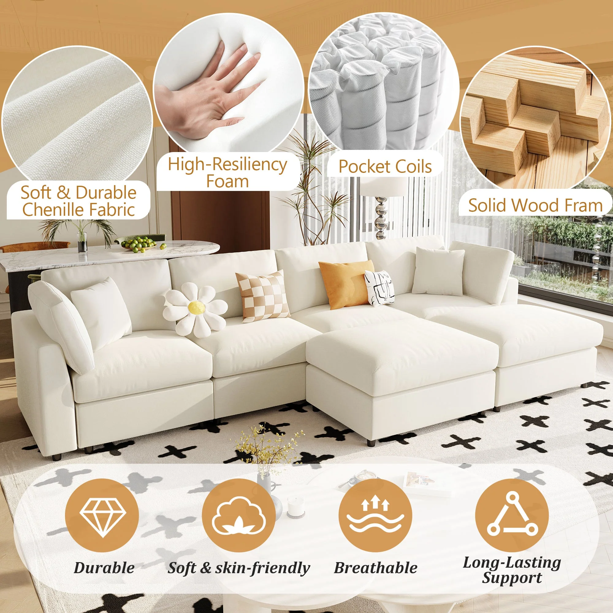 Modern Modular Chenille U-Shaped Sectional Sofa with Two Ottomans